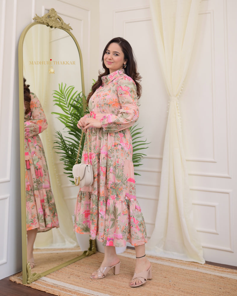 Pink Floral Tiered Belt Linen Dress