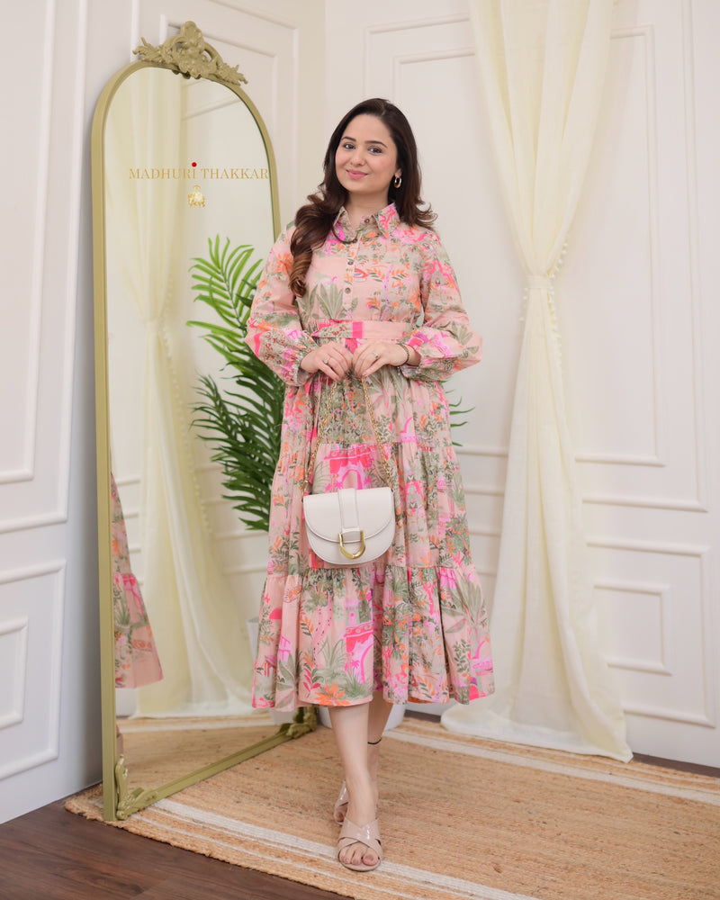 Pink Floral Tiered Belt Linen Dress