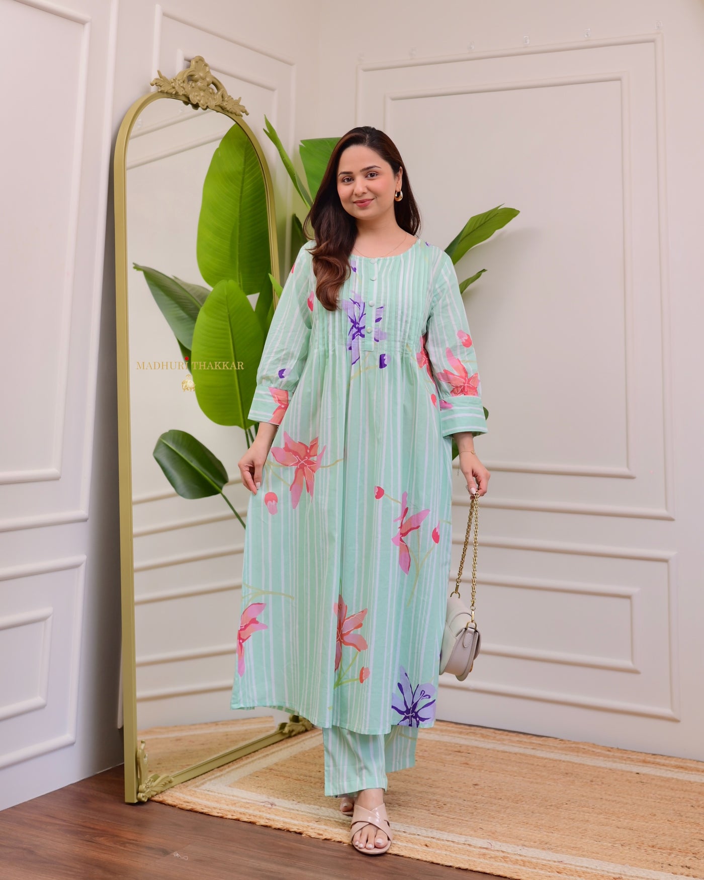 Turquoise Pintex Floral A Line Kurta Set