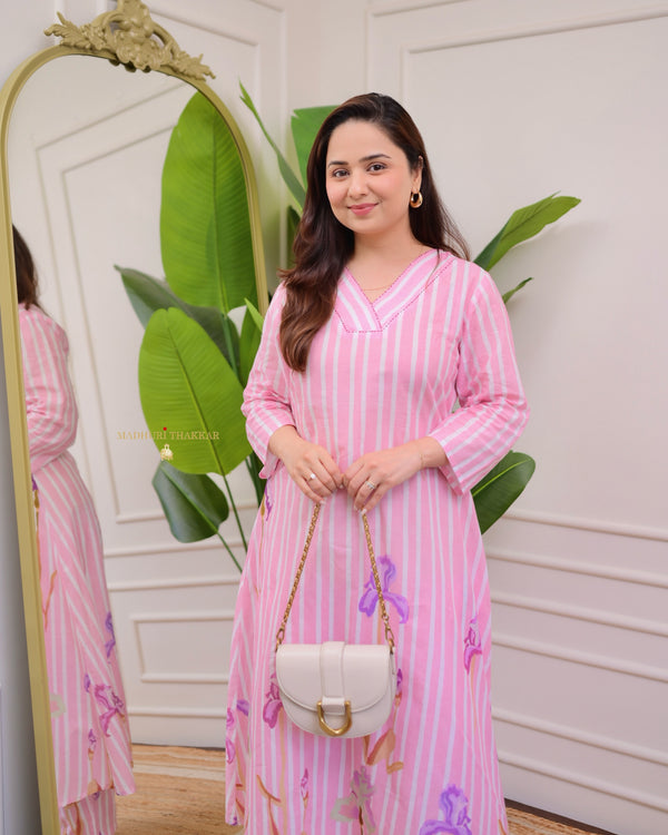 Pink Kantha V Neck Floral Aline Kurta Set