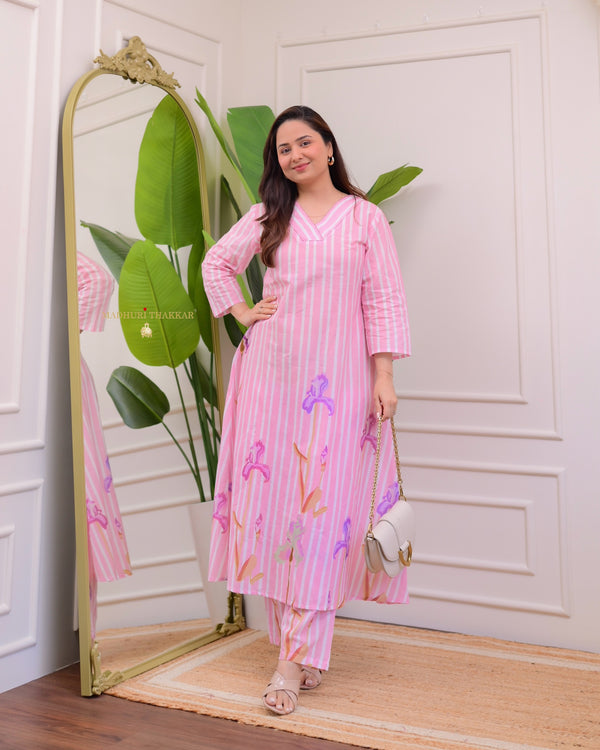 Pink Kantha V Neck Floral Aline Kurta Set