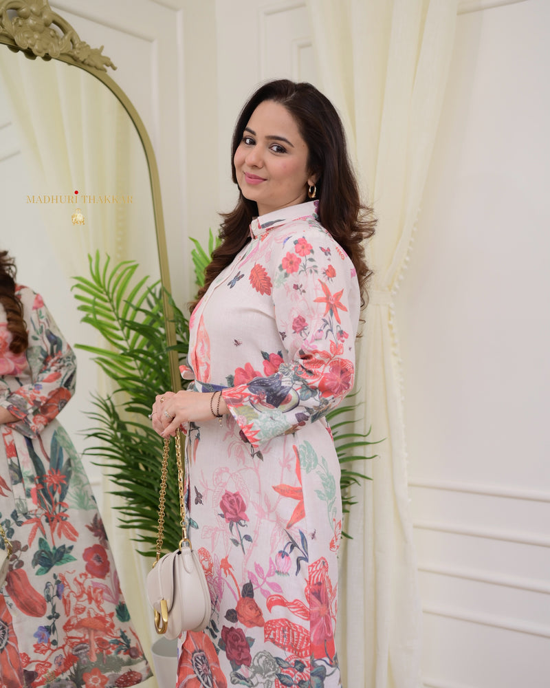 Ivory Orange Floral Belt Linen Dress