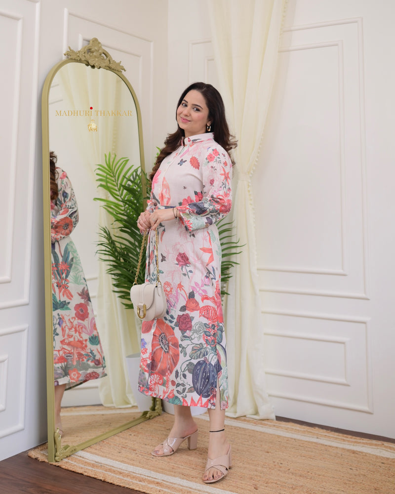 Ivory Orange Floral Belt Linen Dress