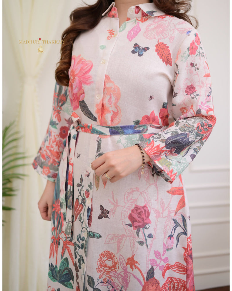 Ivory Orange Floral Belt Linen Dress