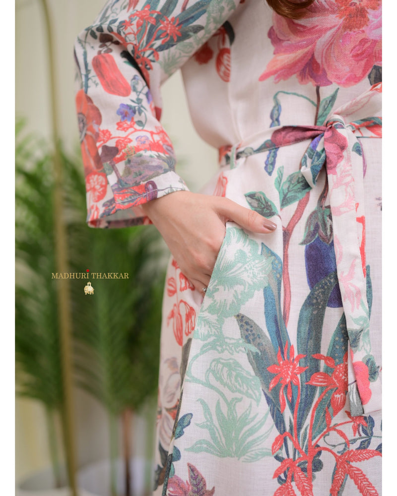 Ivory Orange Floral Belt Linen Dress
