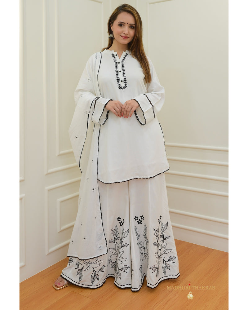 White-Black Threadwork Sharara Set