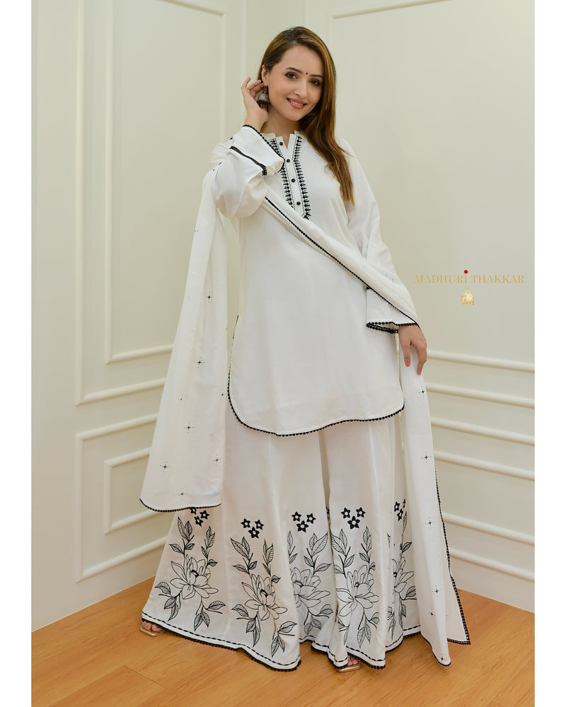 White-Black Threadwork Sharara Set