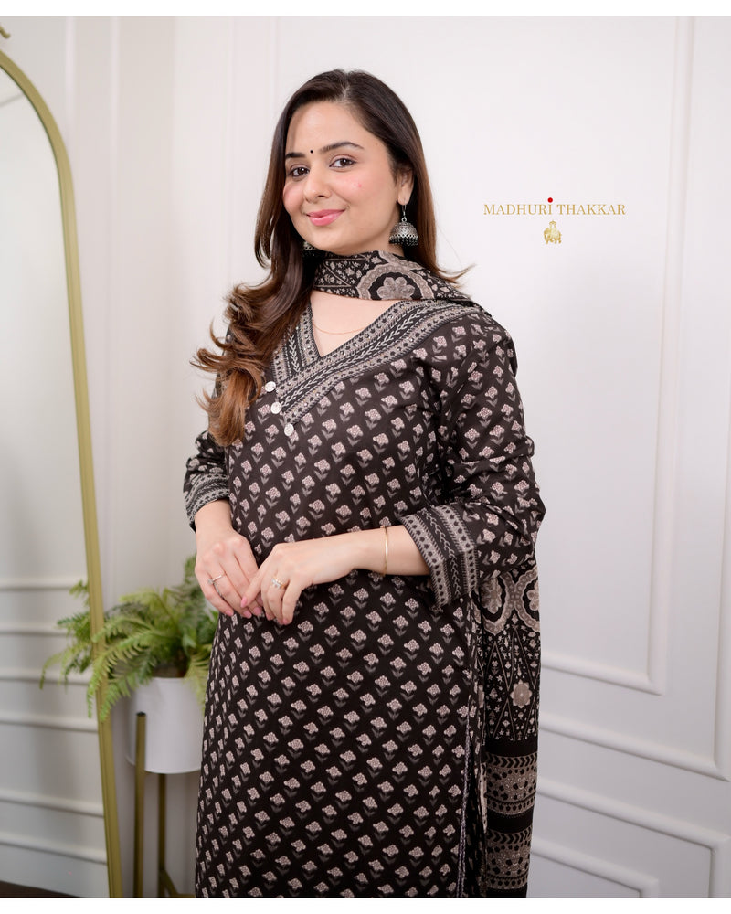 Black Threadwork Printed Cotton Suit