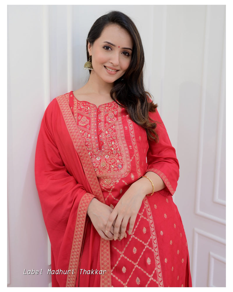 Red Handwork Silk Suit