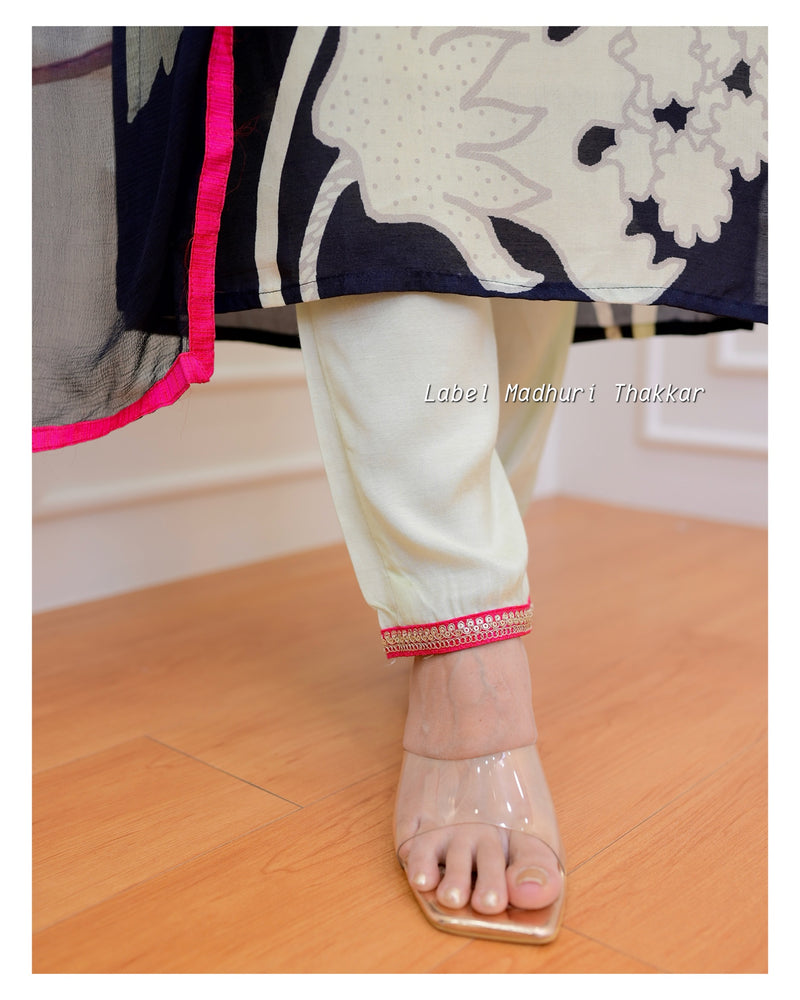 Ivory Black Abstract Floral Muslin Suit