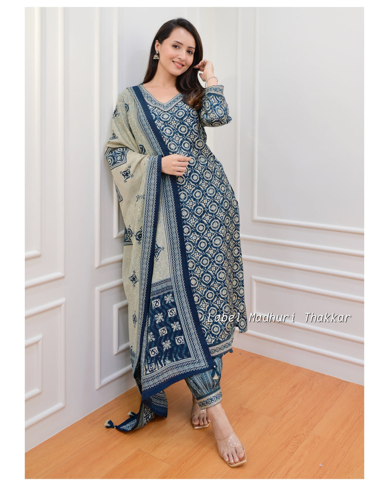 Teal Ivory Muslin Afghani Suit