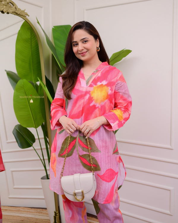 Lilac Pink Floral Linen Cotton Co-ord Set