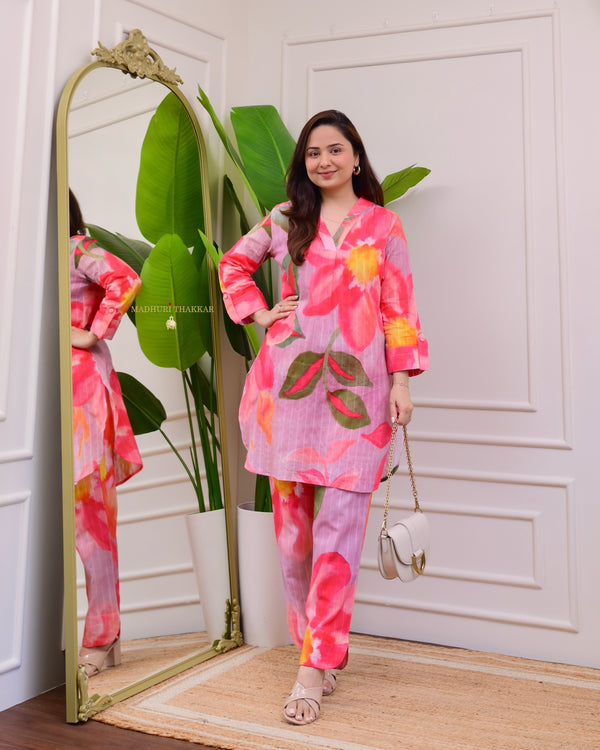 Lilac Pink Floral Linen Cotton Co-ord Set