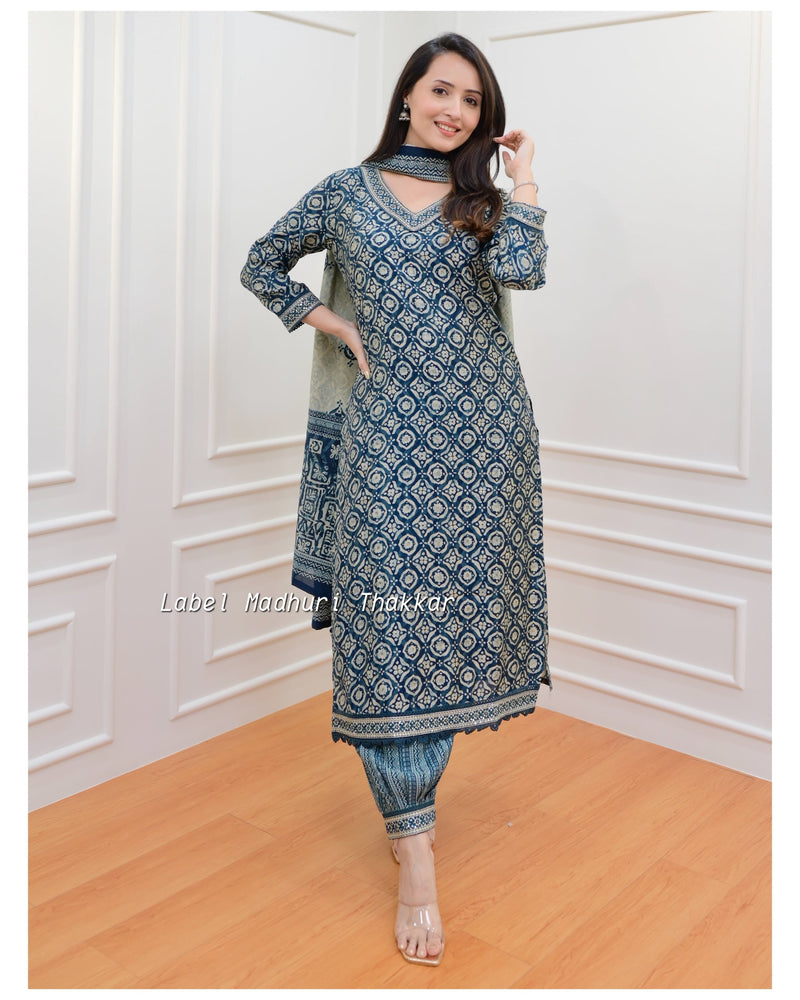 Teal Ivory Muslin Afghani Suit