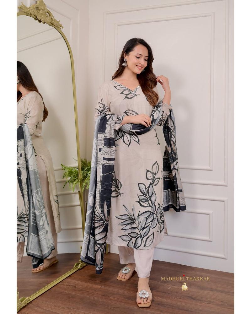 Ivory Black Leaf Handwork Muslin Suit