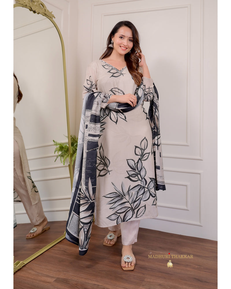 Ivory Black Leaf Handwork Muslin Suit