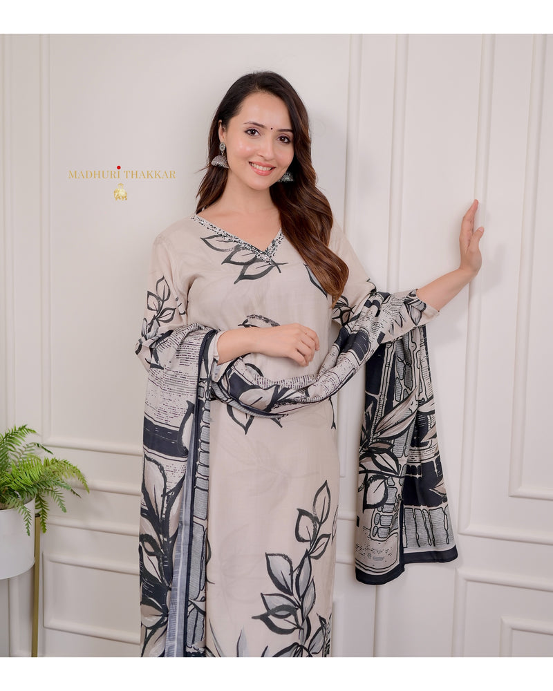Ivory Black Leaf Handwork Muslin Suit