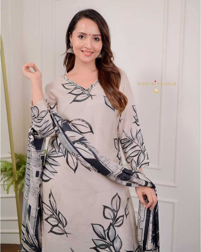 Ivory Black Leaf Handwork Muslin Suit