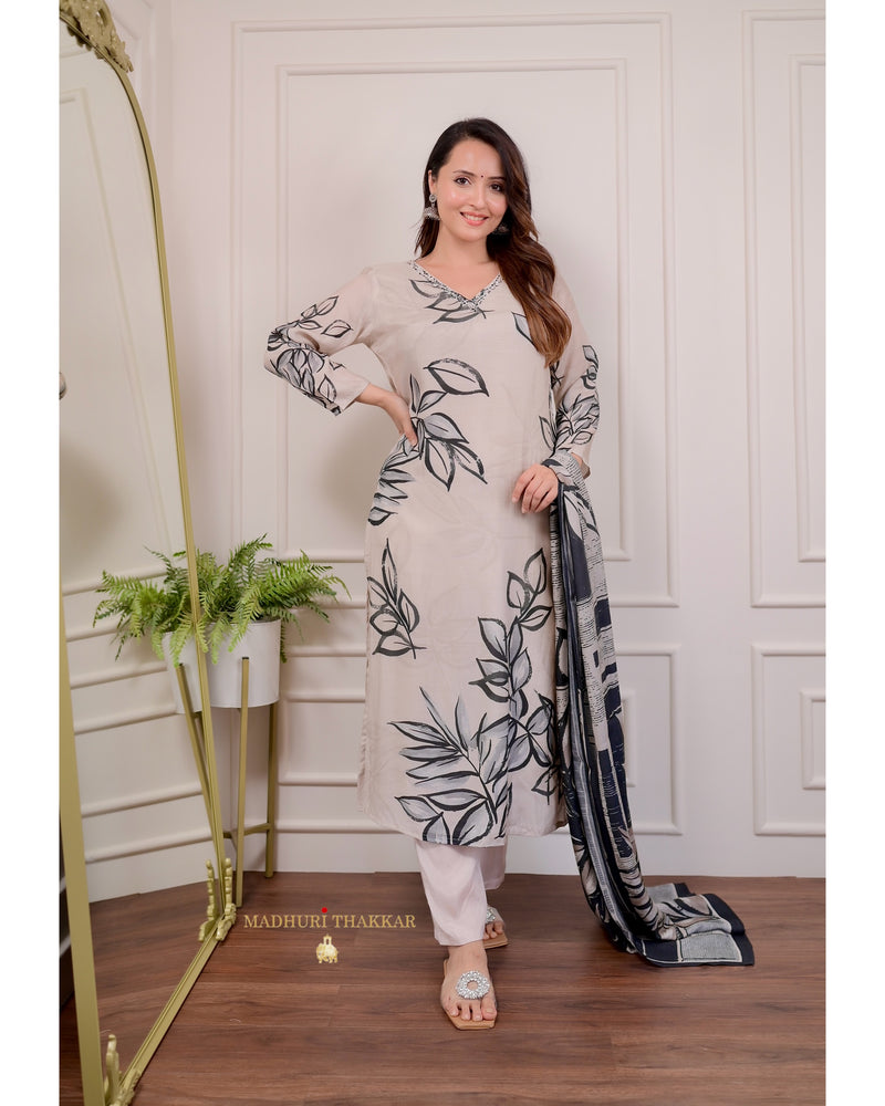 Ivory Black Leaf Handwork Muslin Suit