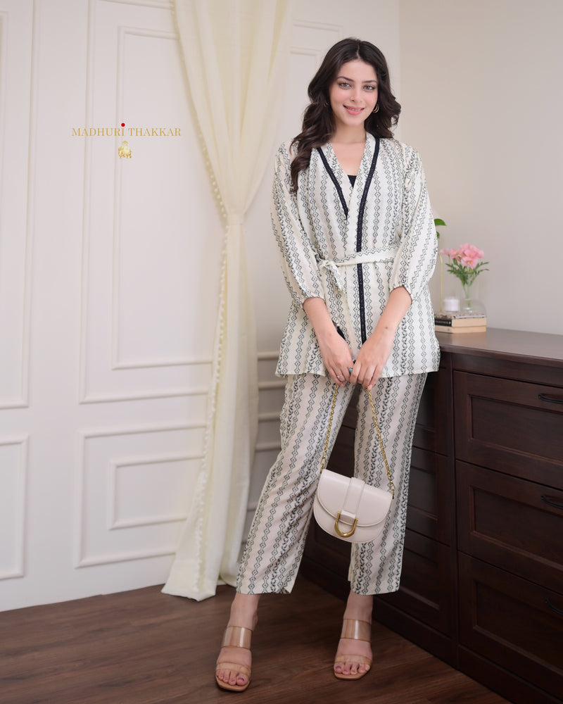 Ivory Black Digital Muslin Belt Co-ord