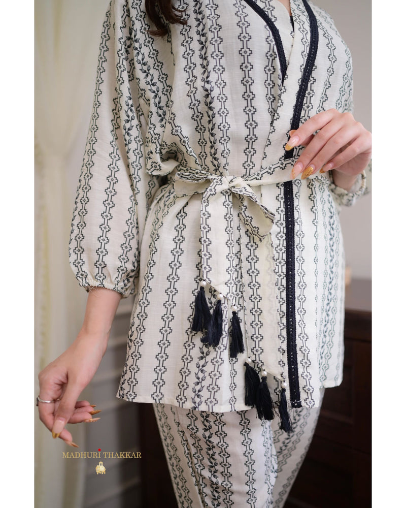 Ivory Black Digital Muslin Belt Co-ord