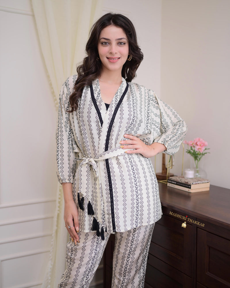 Ivory Black Digital Muslin Belt Co-ord