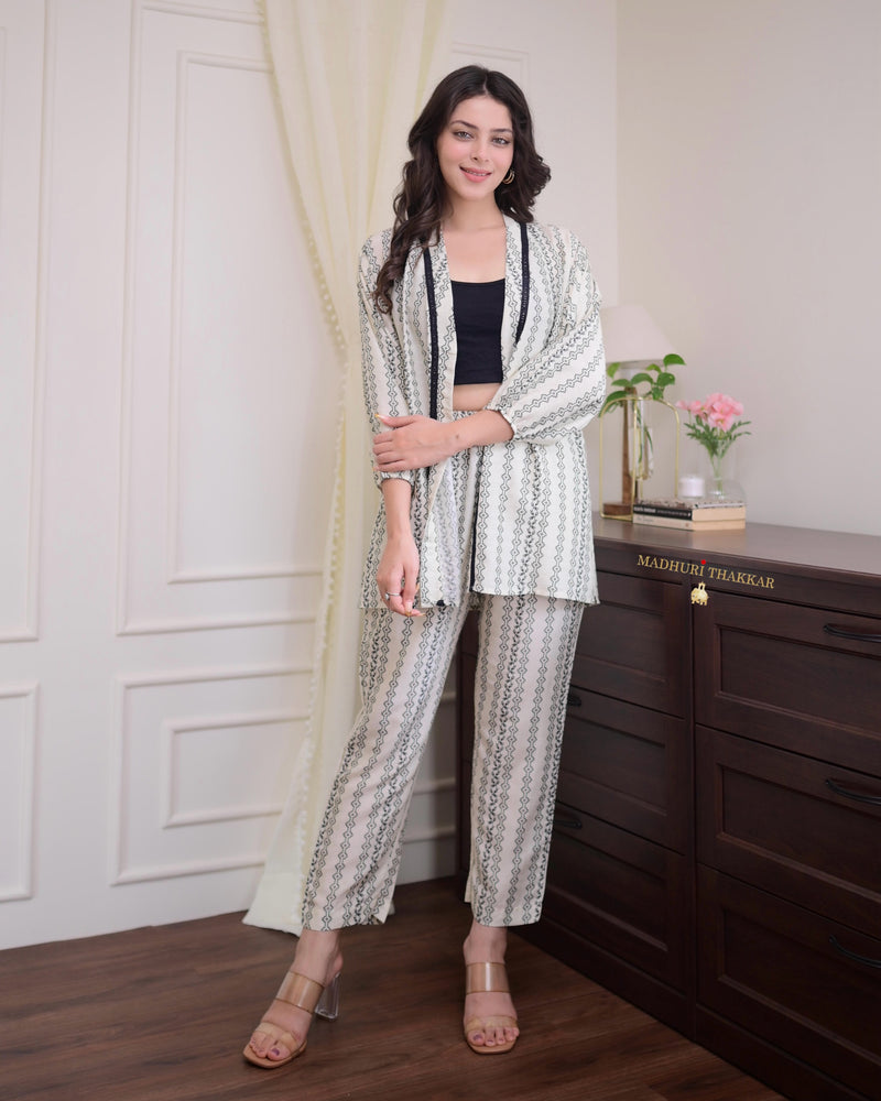 Ivory Black Digital Muslin Belt Co-ord