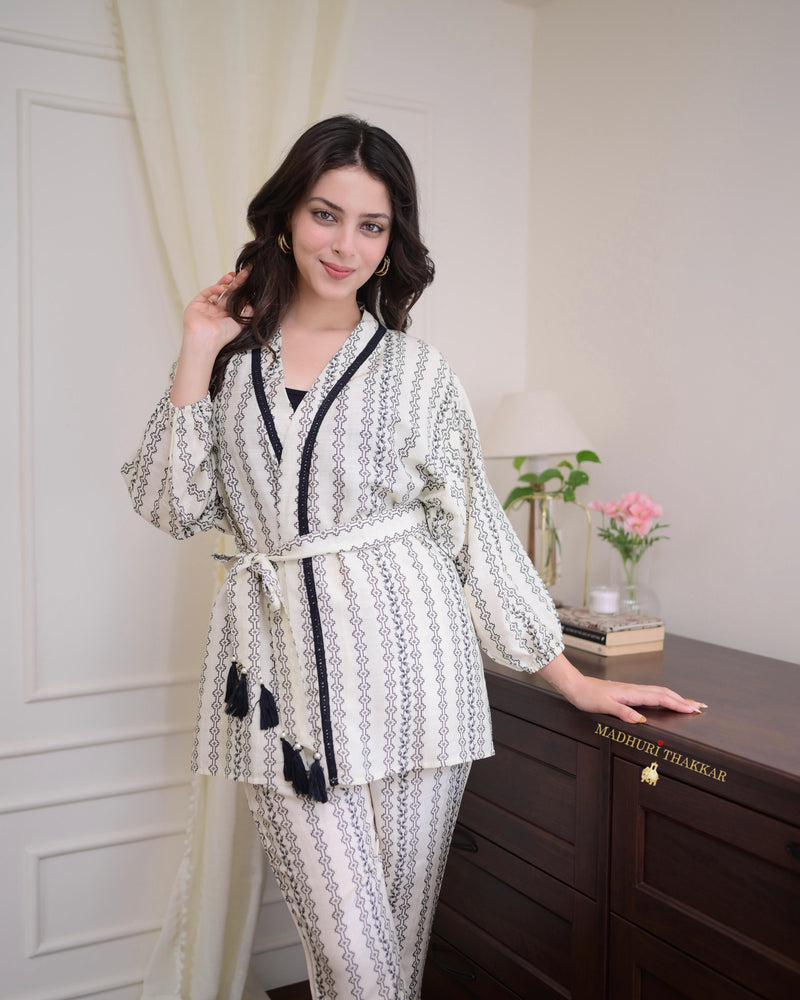 Ivory Black Digital Muslin Belt Co-ord