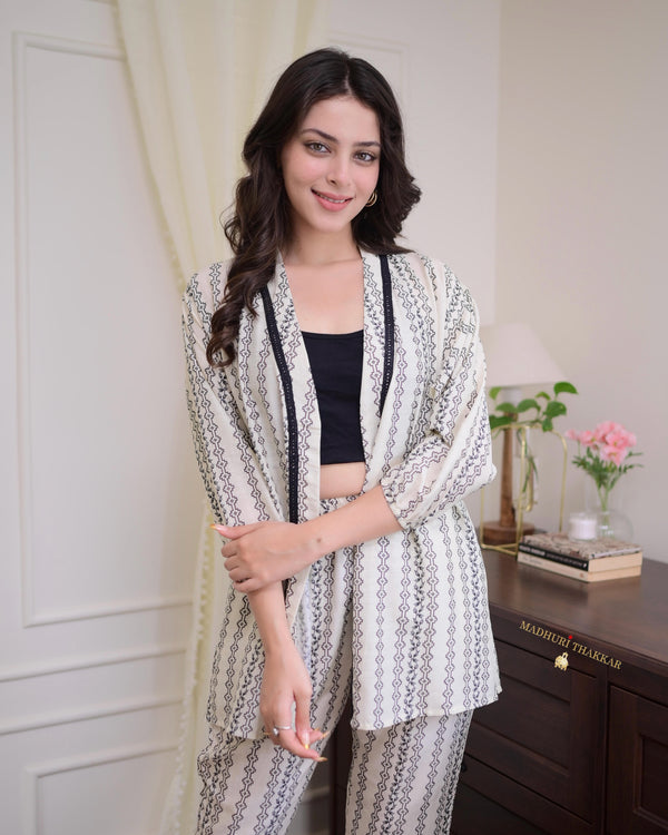 Ivory Black Digital Muslin Belt Co-ord