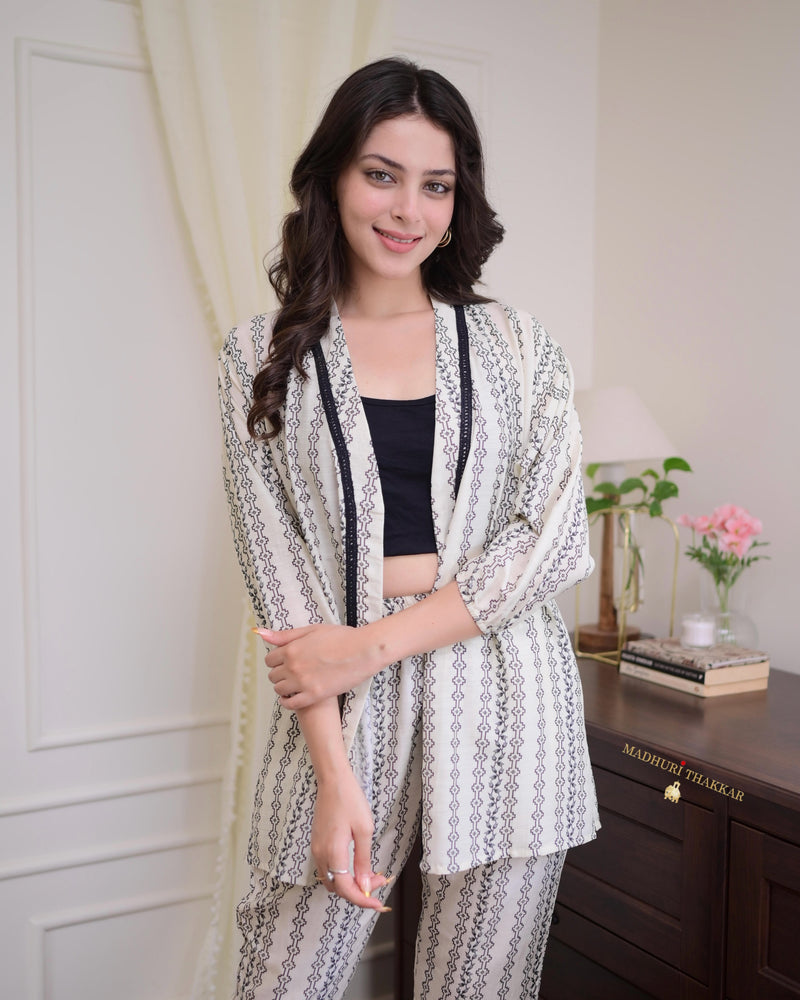Ivory Black Digital Muslin Belt Co-ord