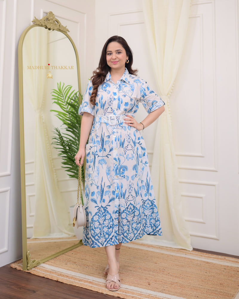 Ivory Blue Floral Botanical Print Premium Cotton Maxi Dress For Women Label Madhuri Thakkar Ivory Blue Floral Botanical Print Premium Cotton Maxi Dress For Women Label Madhuri Thakkar