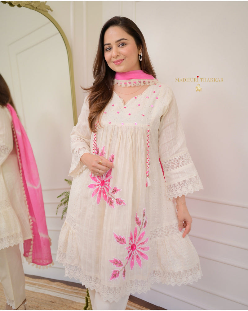 Ivory Pink A-line Handwork Pakistani Suit