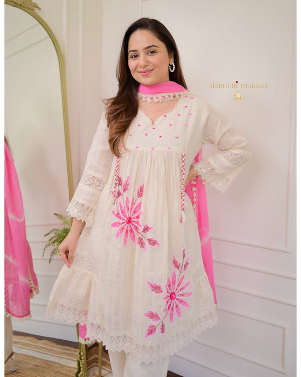 Ivory Pink A-line Handwork Pakistani Suit