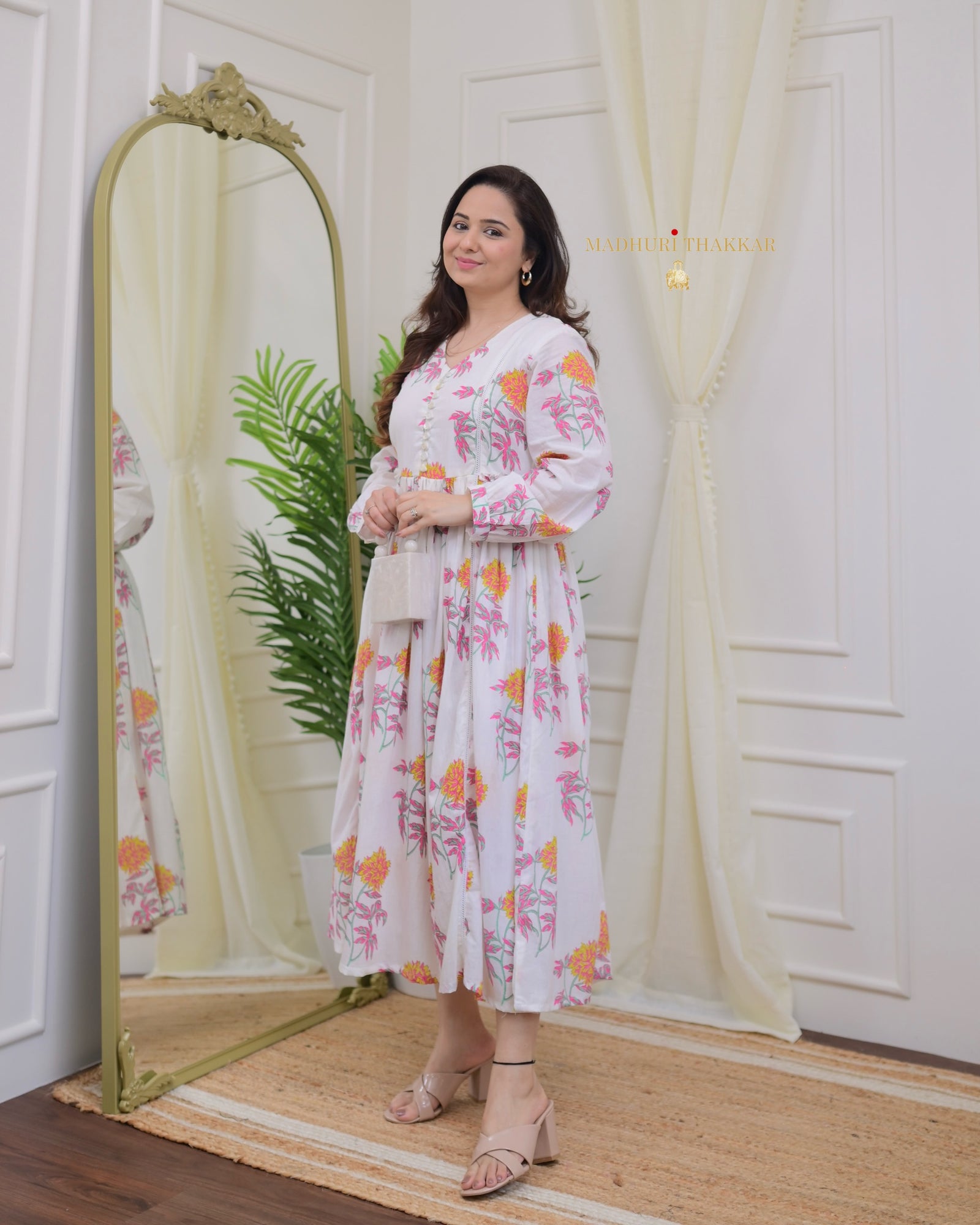 Ivory Pink Floral Print Premium Cotton A Line Maxi Dress For Women