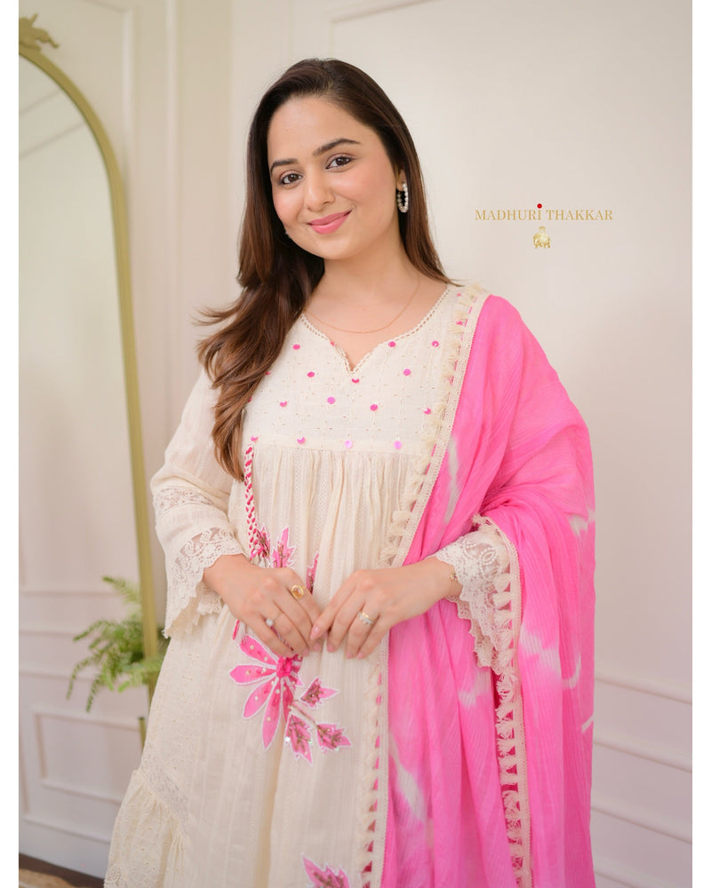 Ivory Pink A-line Handwork Pakistani Suit