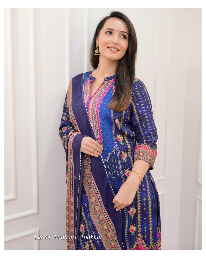 Navy Blue Digital Print Muslin Suit