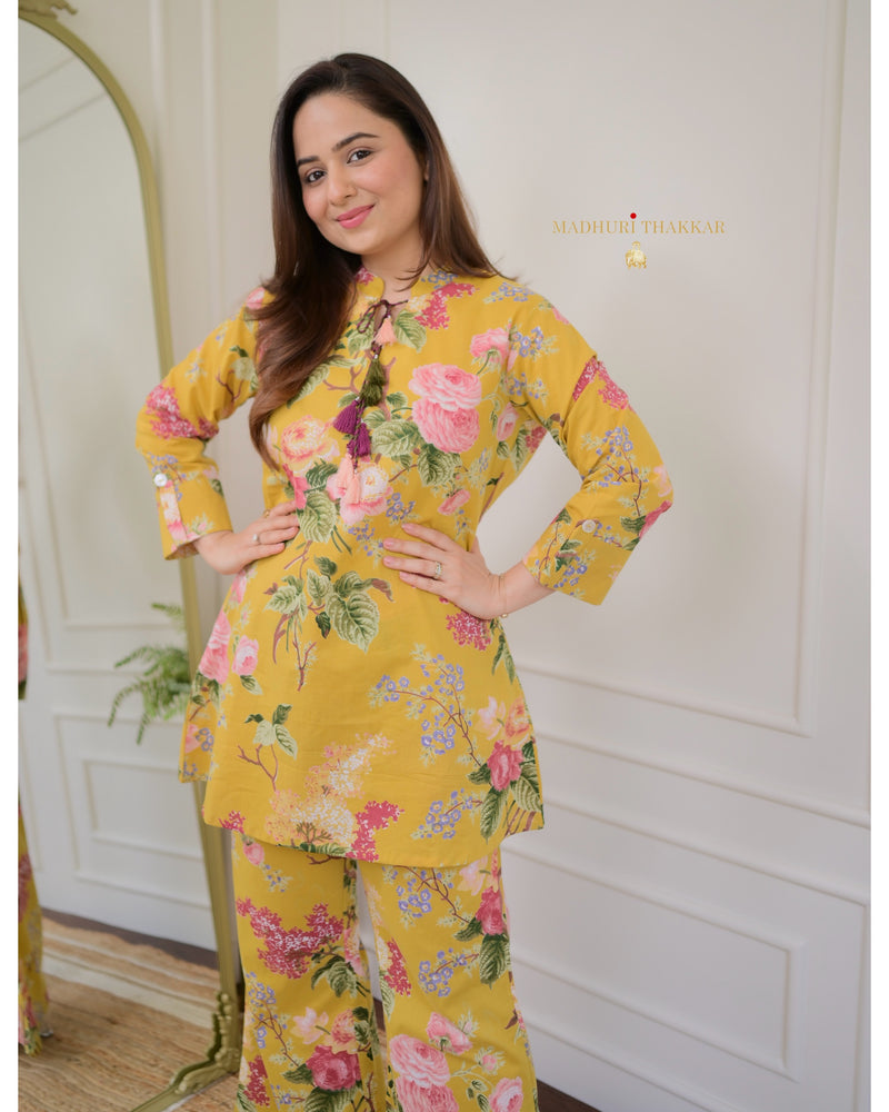 Yellow Cotton Floral Tassel Co-ord