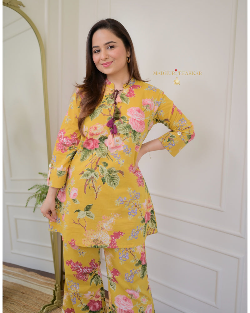 Yellow Cotton Floral Tassel Co-ord