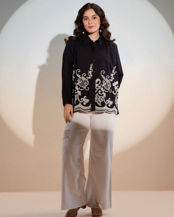 Black Blossom Threadwork Cotton Shirt
