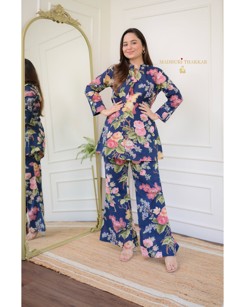 Navy Blue Cotton Floral Tassel Co-ord