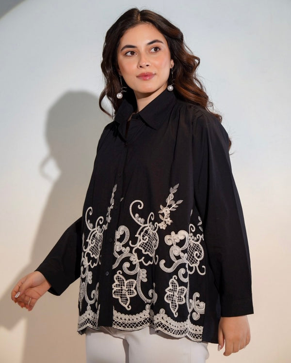 Black Blossom Threadwork Cotton Shirt