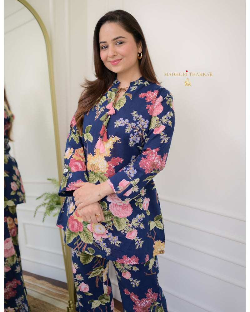 Navy Blue Cotton Floral Tassel Co-ord
