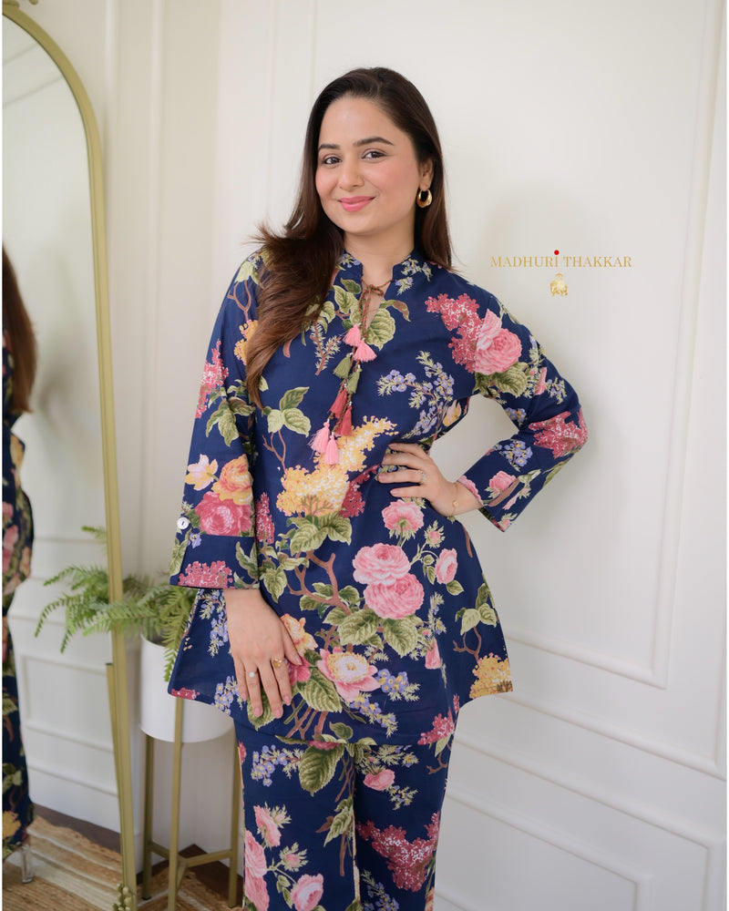 Navy Blue Cotton Floral Tassel Co-ord