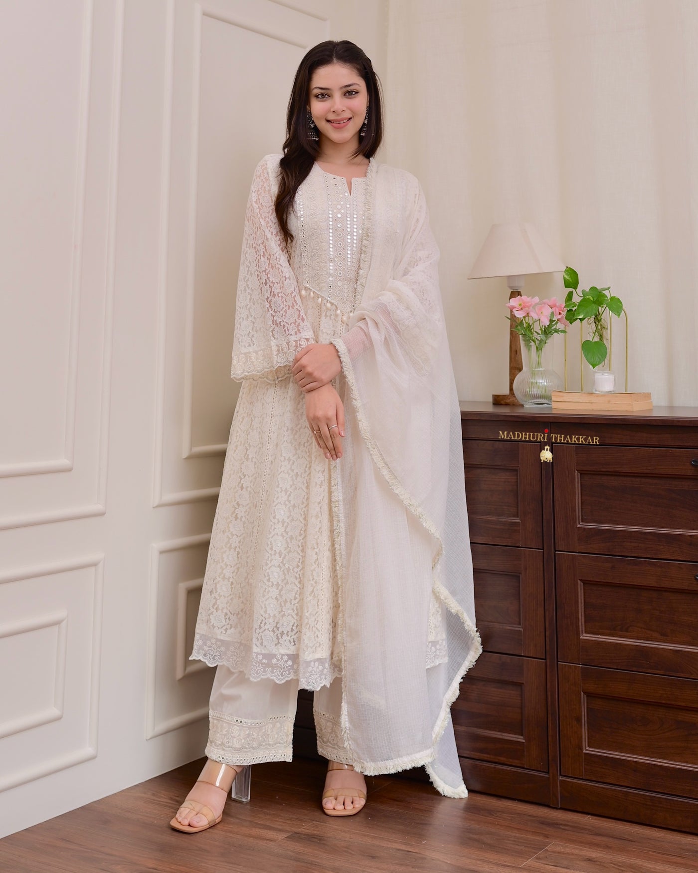 Ivory Schiffli Embroidered Anarkali Suit