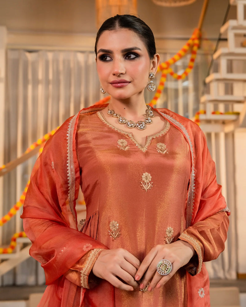 Peachy Nazakat Swiss Tissue Handwork A Line Festive Suit