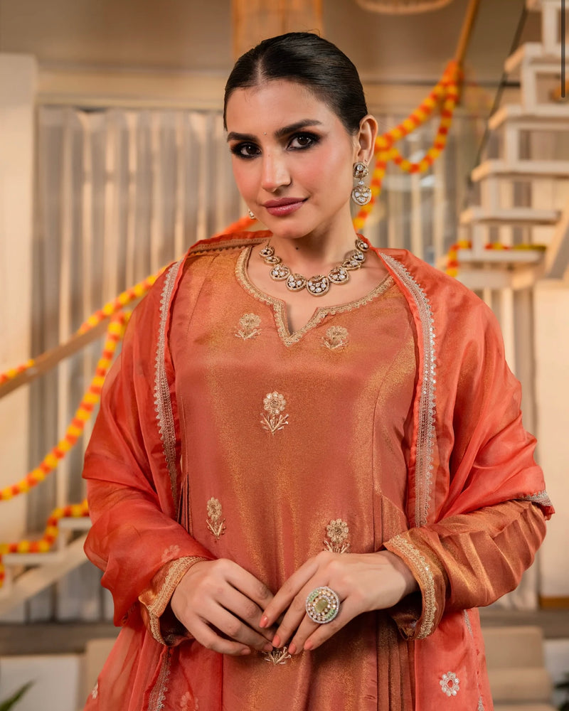 Peachy Nazakat Swiss Tissue Handwork A Line Festive Suit