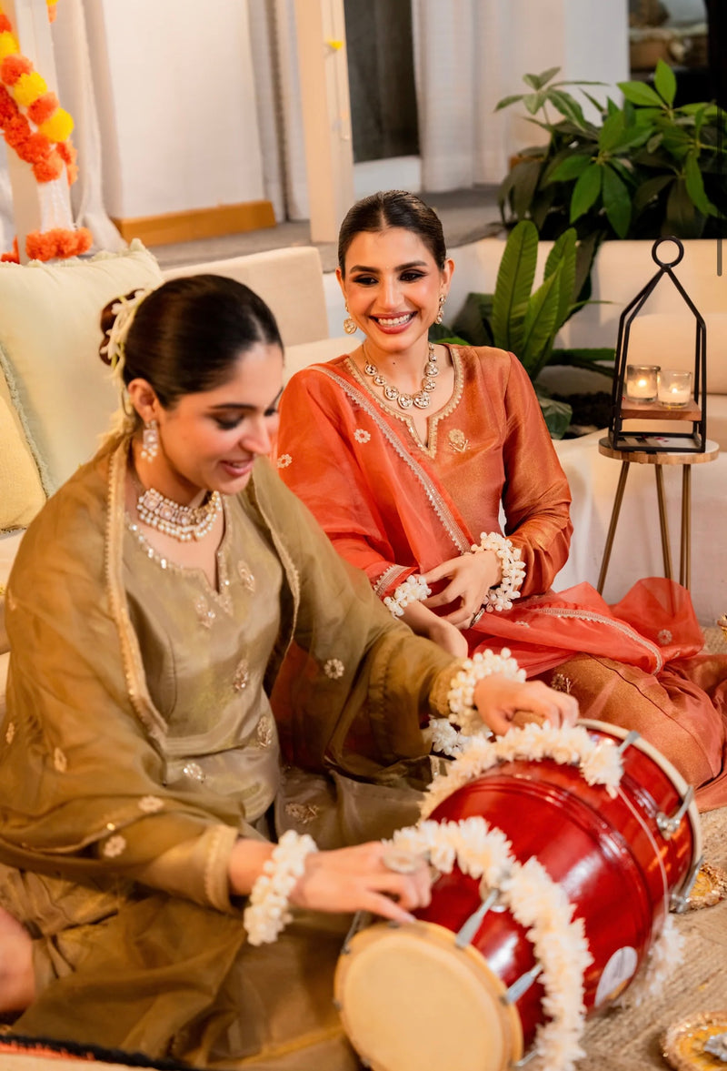 Peachy Nazakat Swiss Tissue Handwork A Line Festive Suit