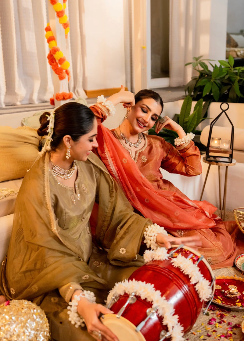 Peachy Nazakat Swiss Tissue Handwork A Line Festive Suit