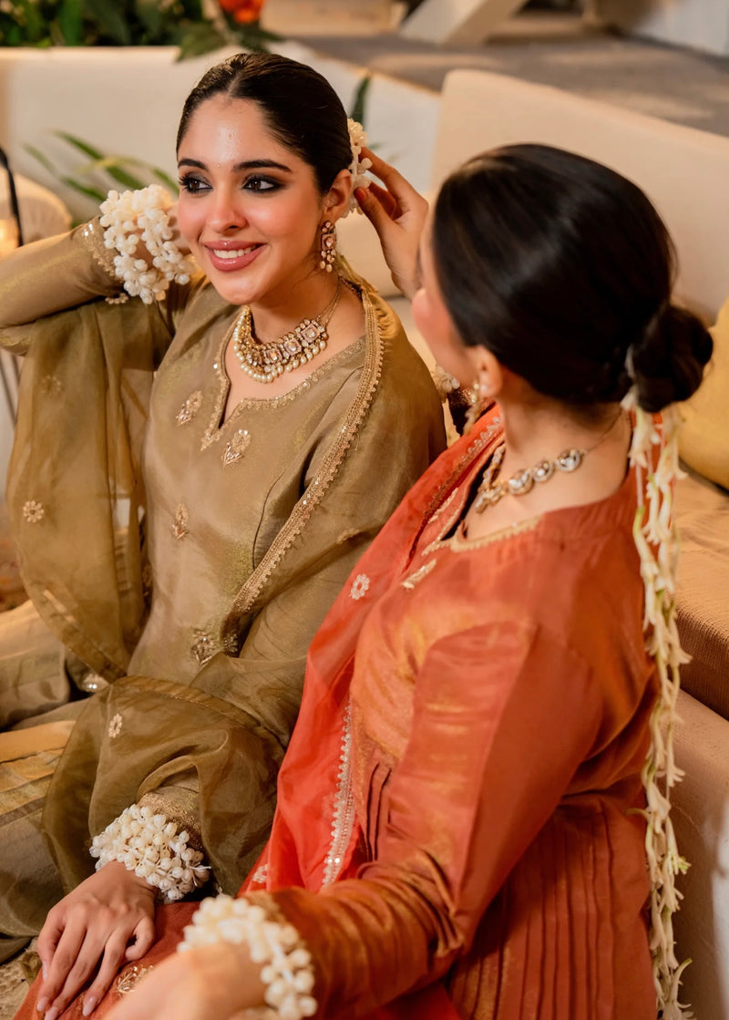 Peachy Nazakat Swiss Tissue Handwork A Line Festive Suit