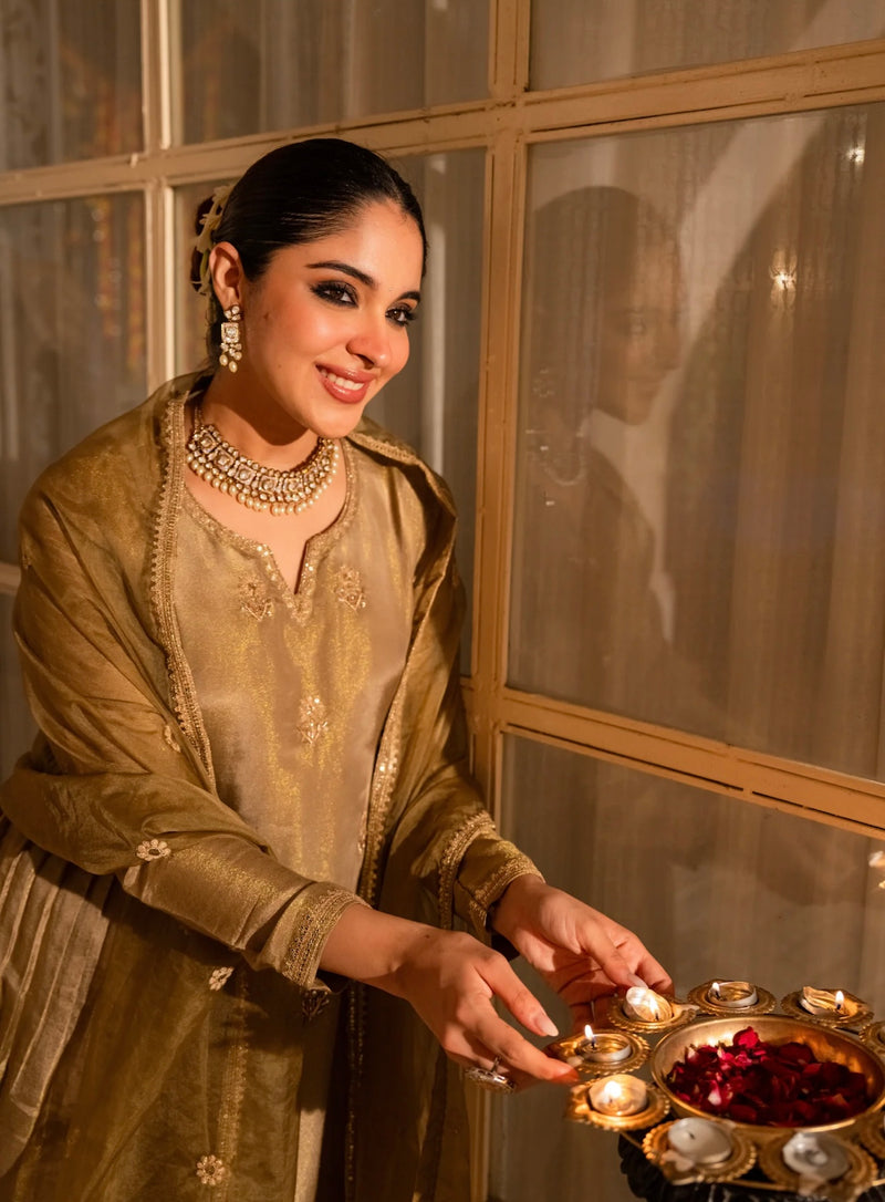 Sunehri Nazakat Swiss Tissue Handwork A Line Festive Suit